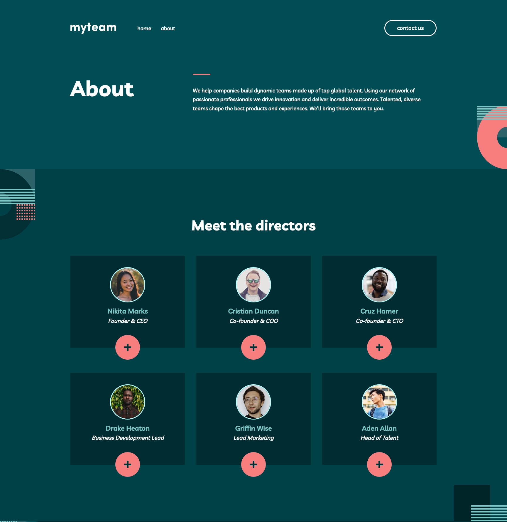 Screenshot of the desktop version of the About page, highlighting the directors of the company in a grid format, allowing the user to quickly access further information about each director if desired