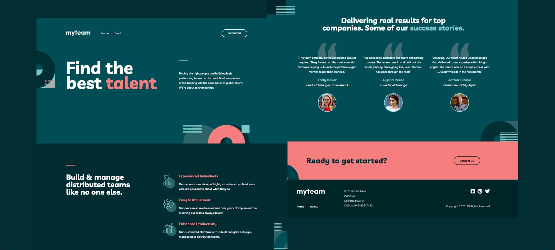 A collage of screenshots highlighting the desktop version of the myteam website's homepage, featuring a jungle green background and light coral accent throughout the design