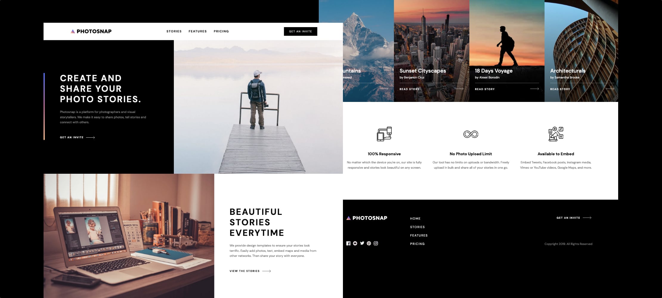A collage of screenshots, highlighting the desktop version of the Photonsap website's homepage