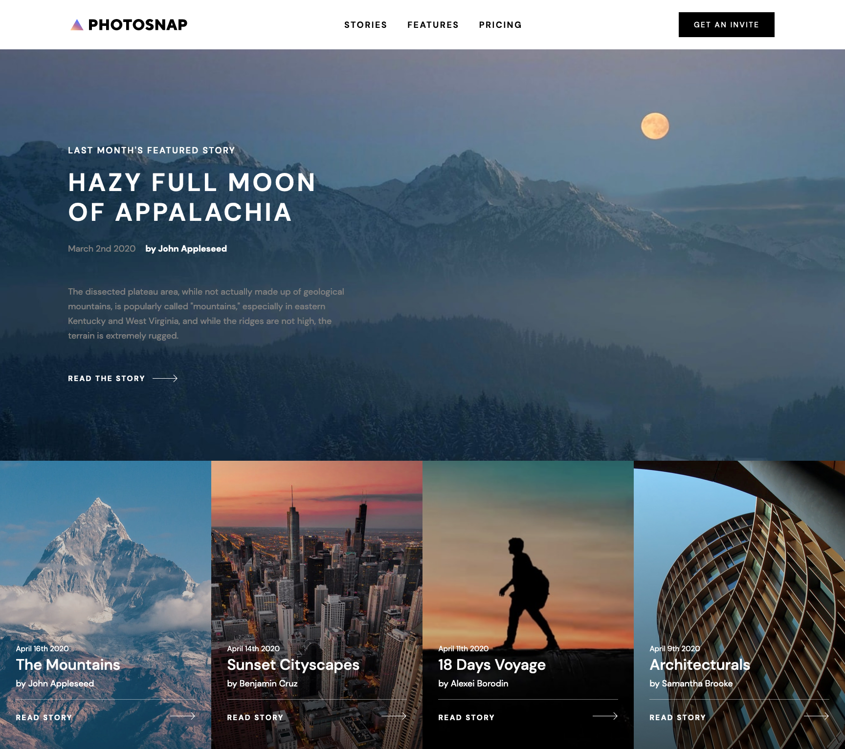 Screenshot of the desktop version of the Stories page, showcasing a range of user's photos and stories including a wide angle shot of a snowy mountain range taken at sunrise