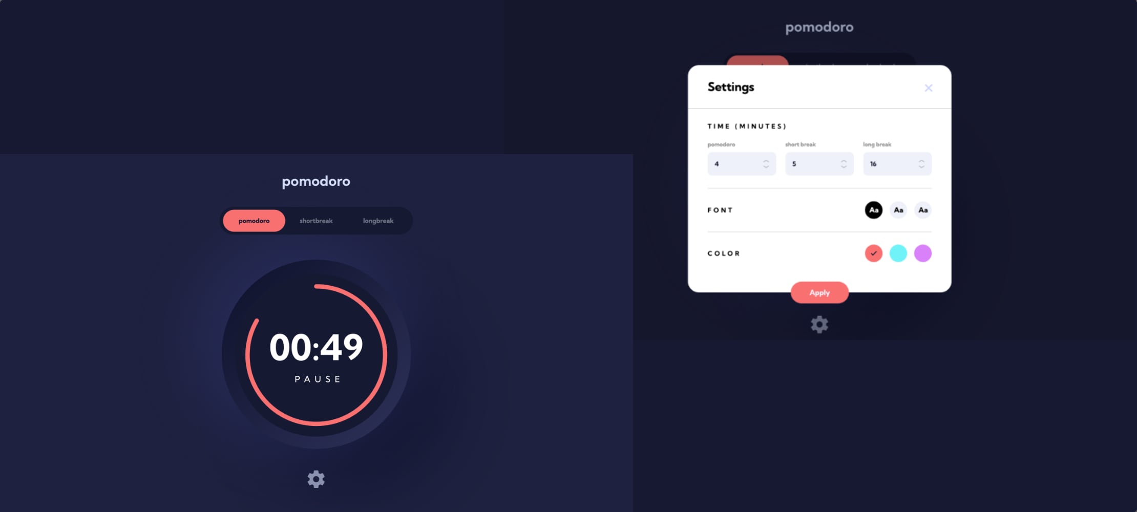 A collage of screenshots highlighting the desktop version of the Pomodoro timer application, featuring the main clock display and settings modal to allow changing of the active timer amount, colour scheme and font